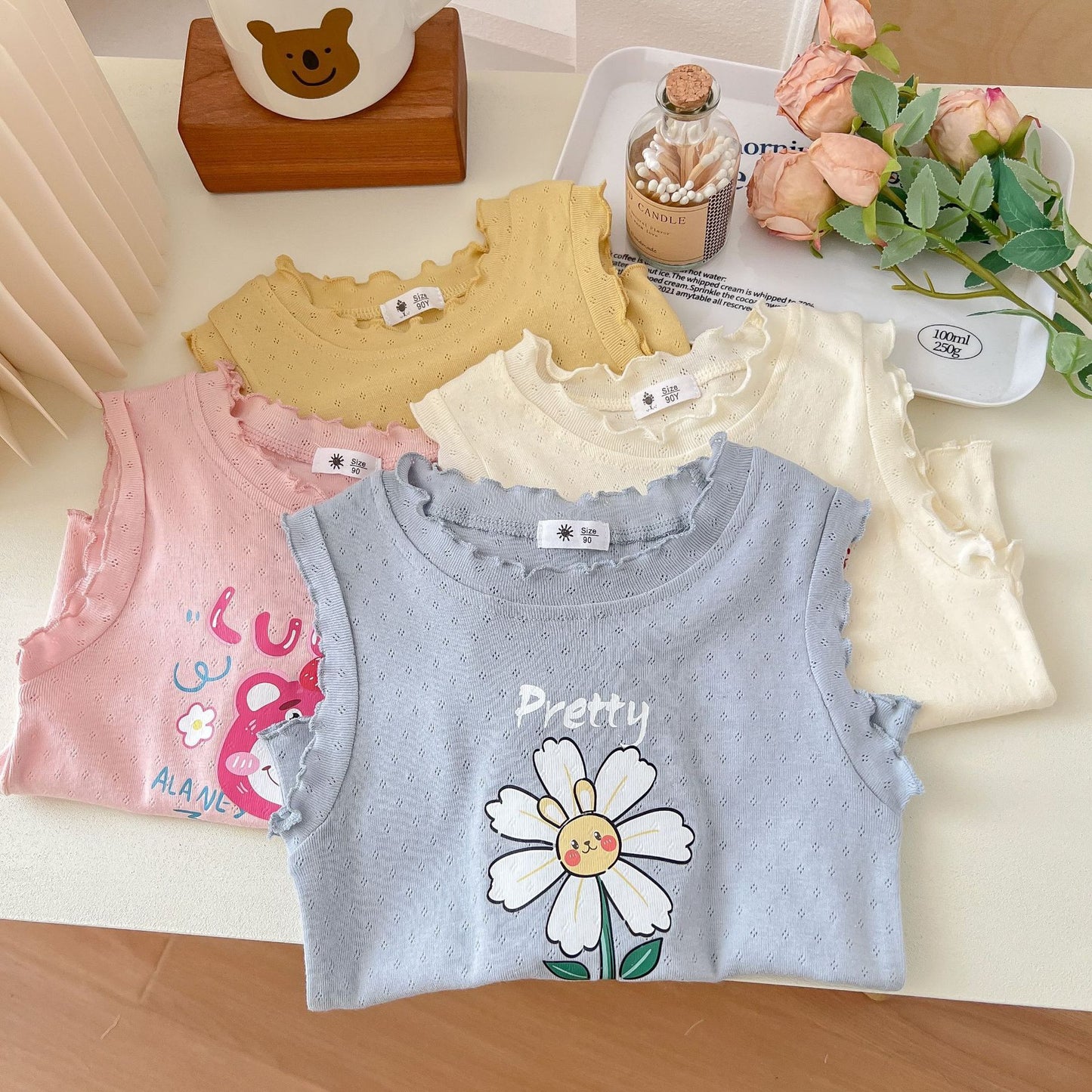 Bloom & Bunny Sleeveless Tops – Whimsy for Little Wardrobes Girls' Korean Style Cartoon Top Outerwear