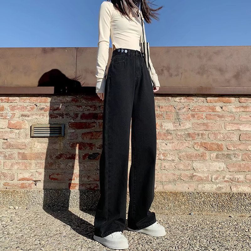 Effortless Elegance – Minimalist Wide-Leg Trousers New High Waist Drooping Straight Jeans For Women