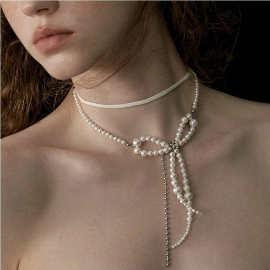 Stringed Pearls Design Bow Chain Leather String Necklace For Women's