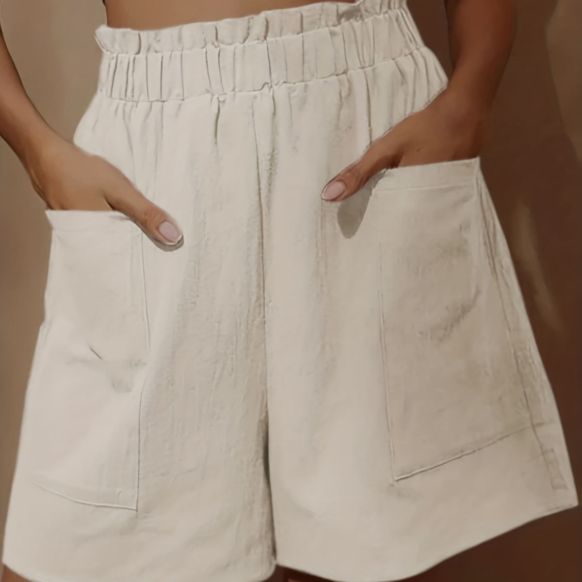 Loose Wide Leg Cotton Material Pocket Solid Elastic High Waist Shorts