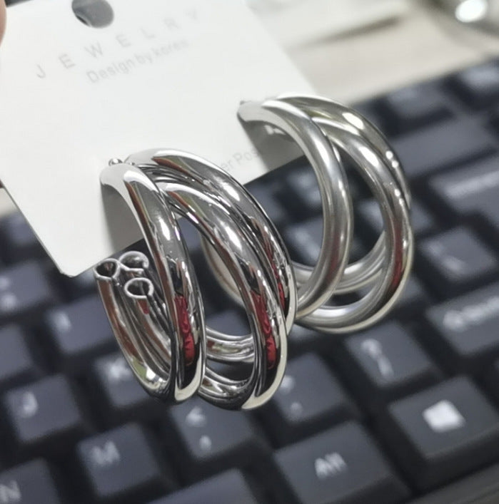 925 Silver Needle Three-dimensional Three-lap Overlapping High-grade Aesthetic Earrings