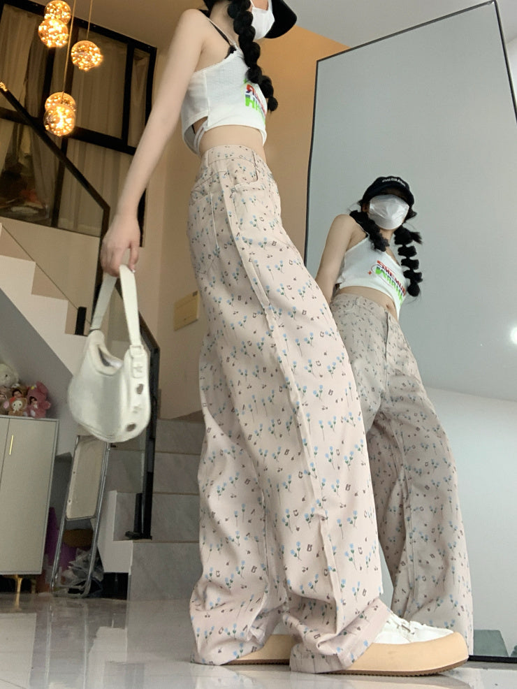 Pastel Floral Wide-Leg Pants – Soft, Flowery & Feminine Vibes Hong Kong Style Floral Jeans For Women
