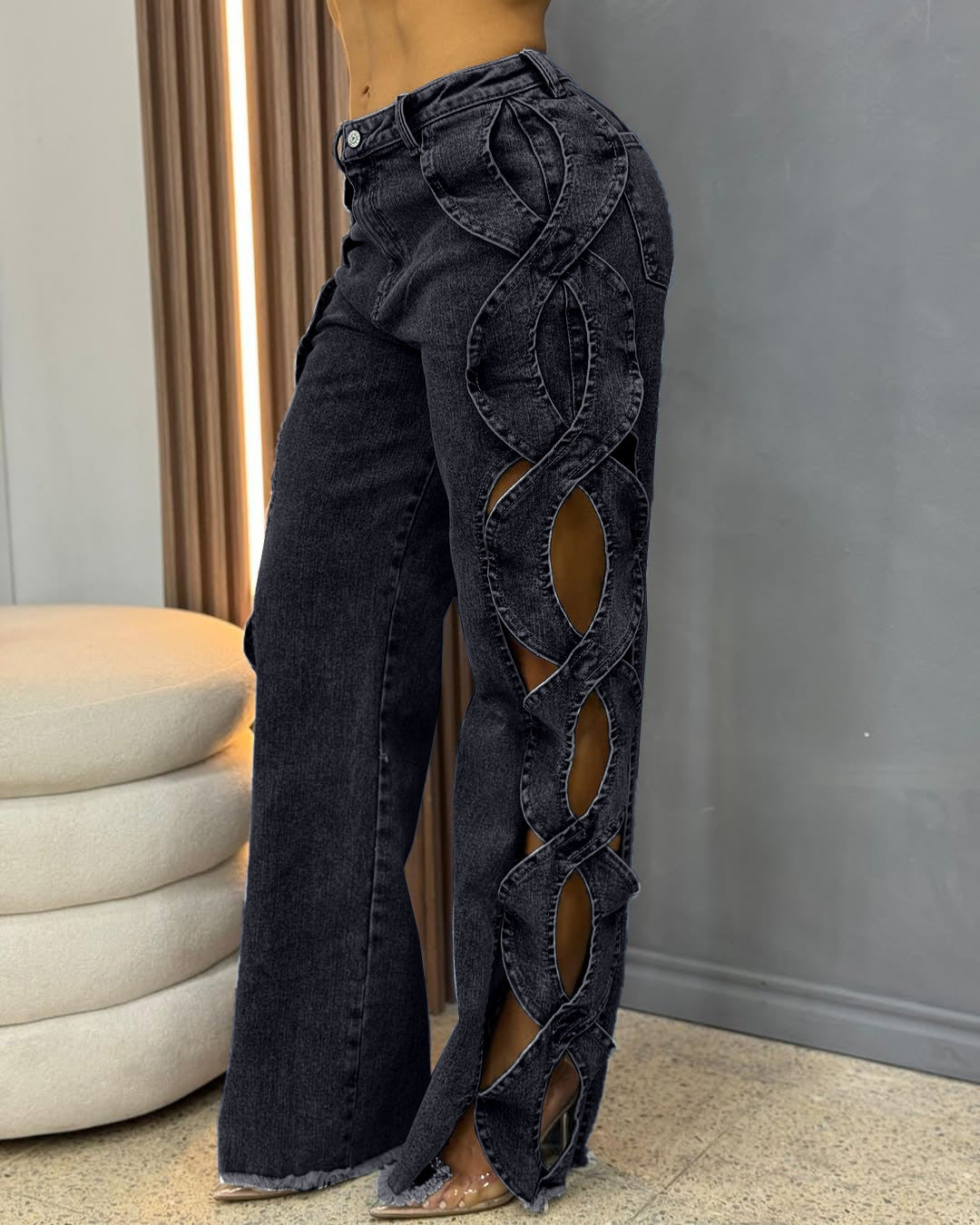Retro Fashionable Side Hollow S Line Denim Jeans for Women's