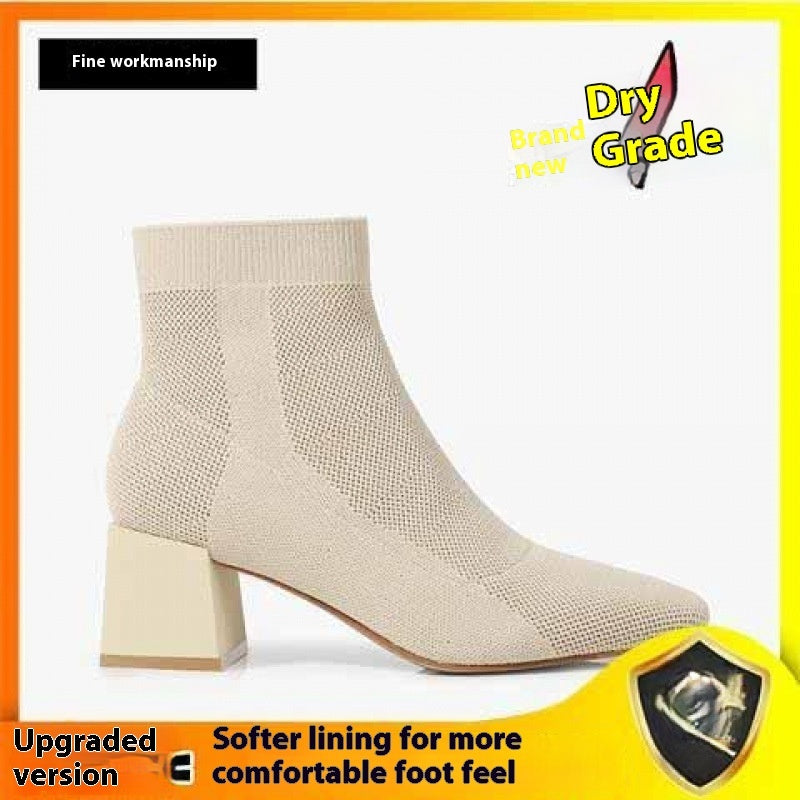 All-match Stretch Knitted High Heel Solid Color Chunky Heel Square Toe Boots Women