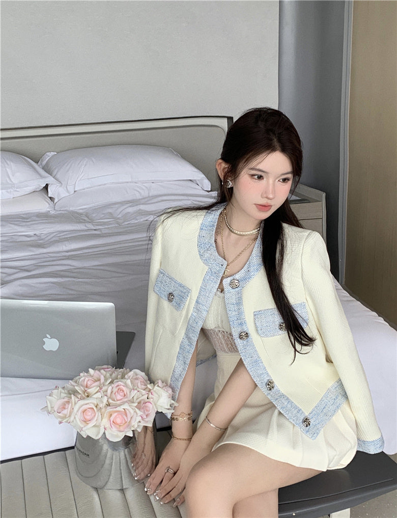 Chic Cream & Denim - Elegant Blazer Single Breasted Contrasting Korean Top