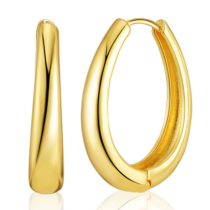 Classic Gold Plated Oval Hoop Earrings | Chunky & Minimalist Design 18K Real Gold Geometric Round Atmospheric Ear Buckles