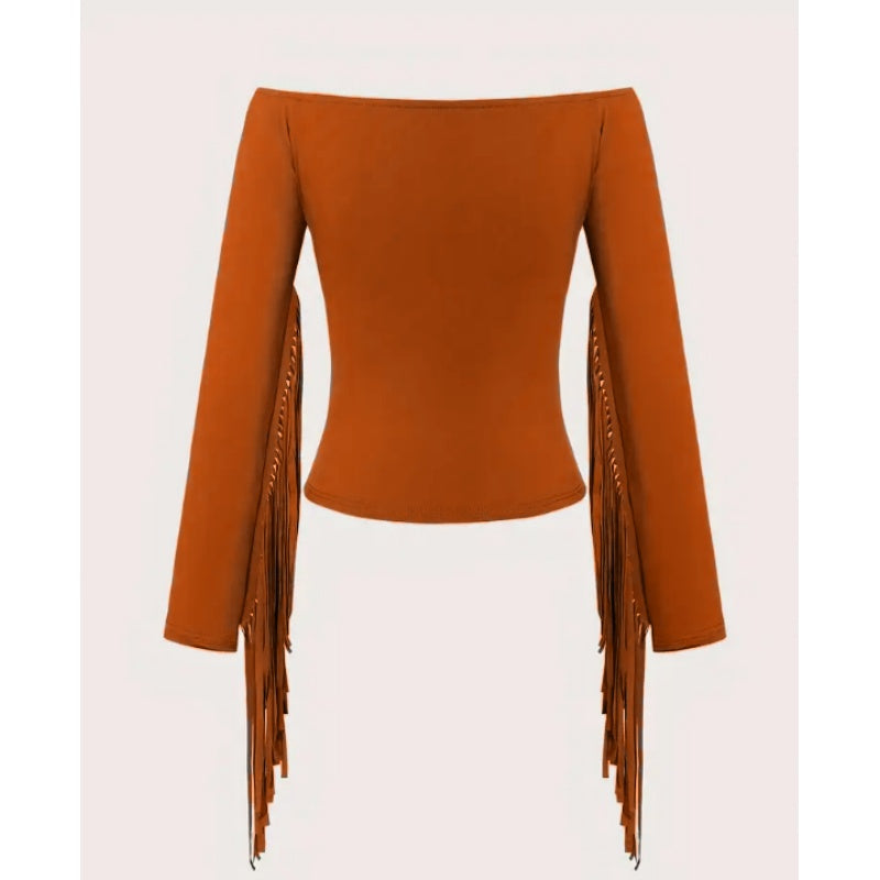 Western Cowgirl Off-Shoulder Fringe Top, Sexy Slim Fitted Long Sleeve Tassel Blouse