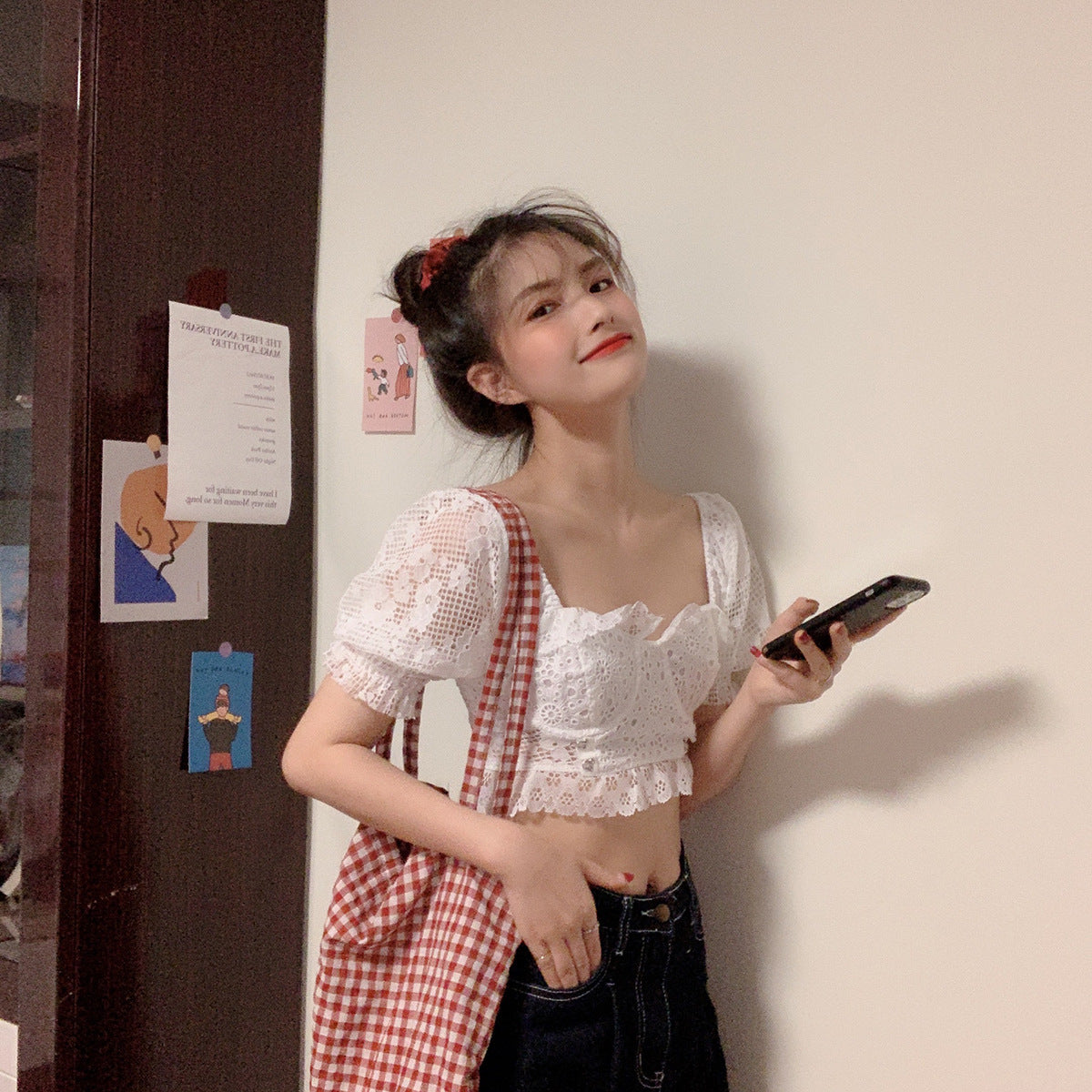 Sweet & Chic Embroidered Lace Blouse - Women's Cropped Top Korean style lace puff sleeve short top