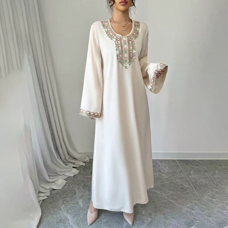 Middle Eastern Embroidered Maxi Dress - Round Neck Long Sleeve Flowy Kaftan With Exquisite Embroidery, Loose Fit