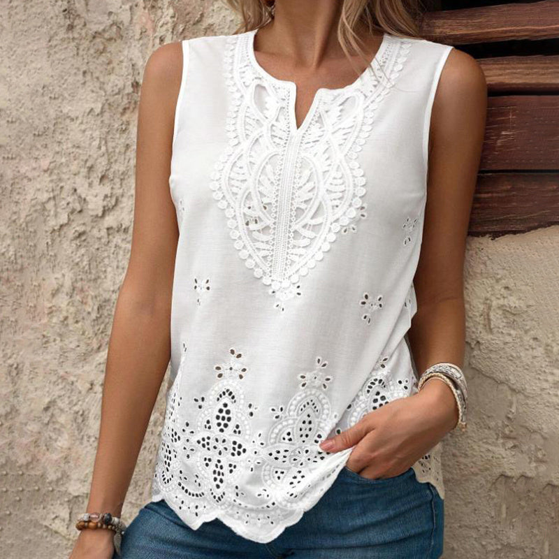 Embroidered Eyelet Tops Notched Neck Sleeveless Lace Trim Blouses Shirts