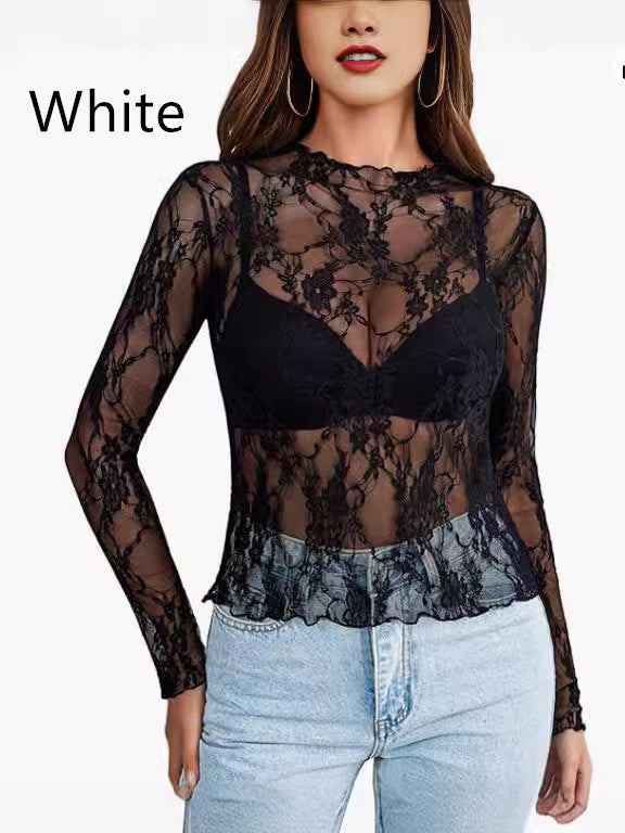 Mesh Top Long Sleeve Transparent Crop Top For Women's