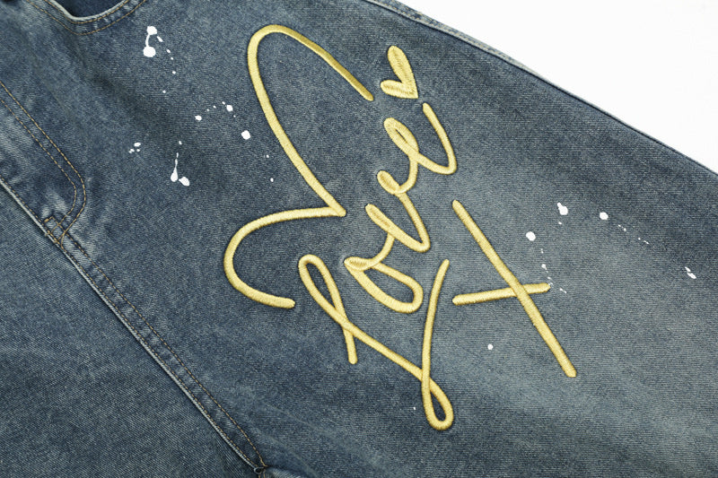 Niche American Retro Splash-ink Embroidered Machete Jeans