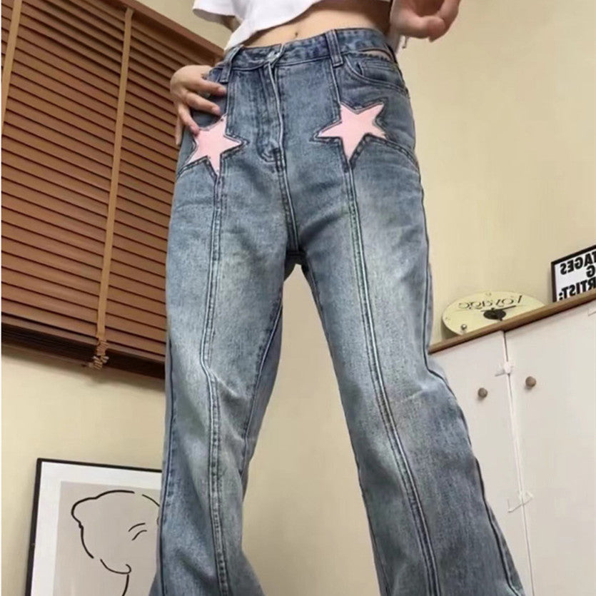 Pink Star Patch Straight-Leg Jeans – Retro Street Style with a Pop Twist Design Sense XINGX Printed High Waist Hollow-out Jeans For Women