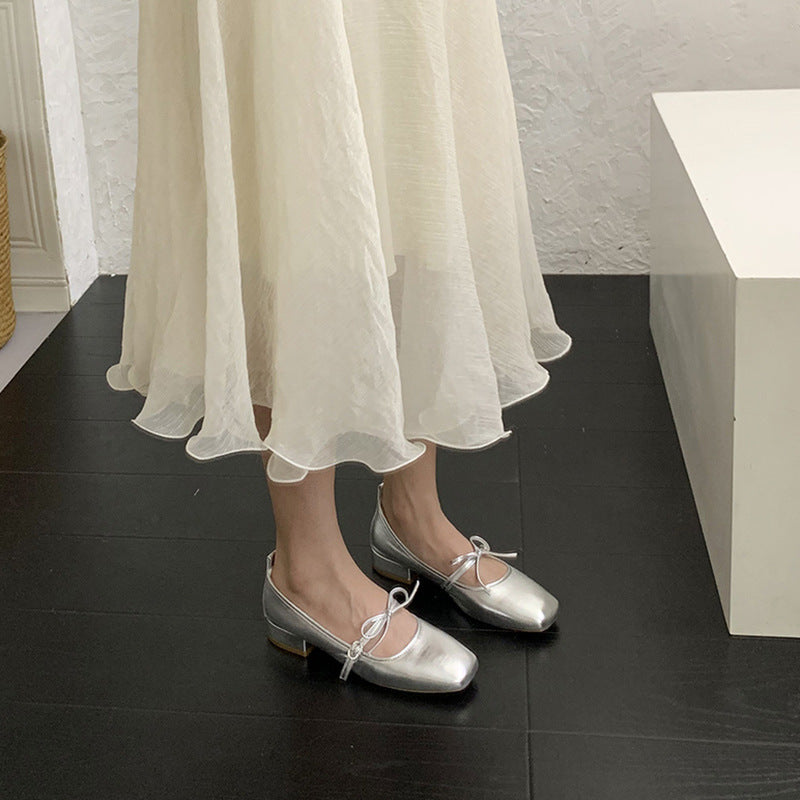 Silver Metallic Mary Jane Flats Women Simple Solid Color Square Toe Flat Shoes