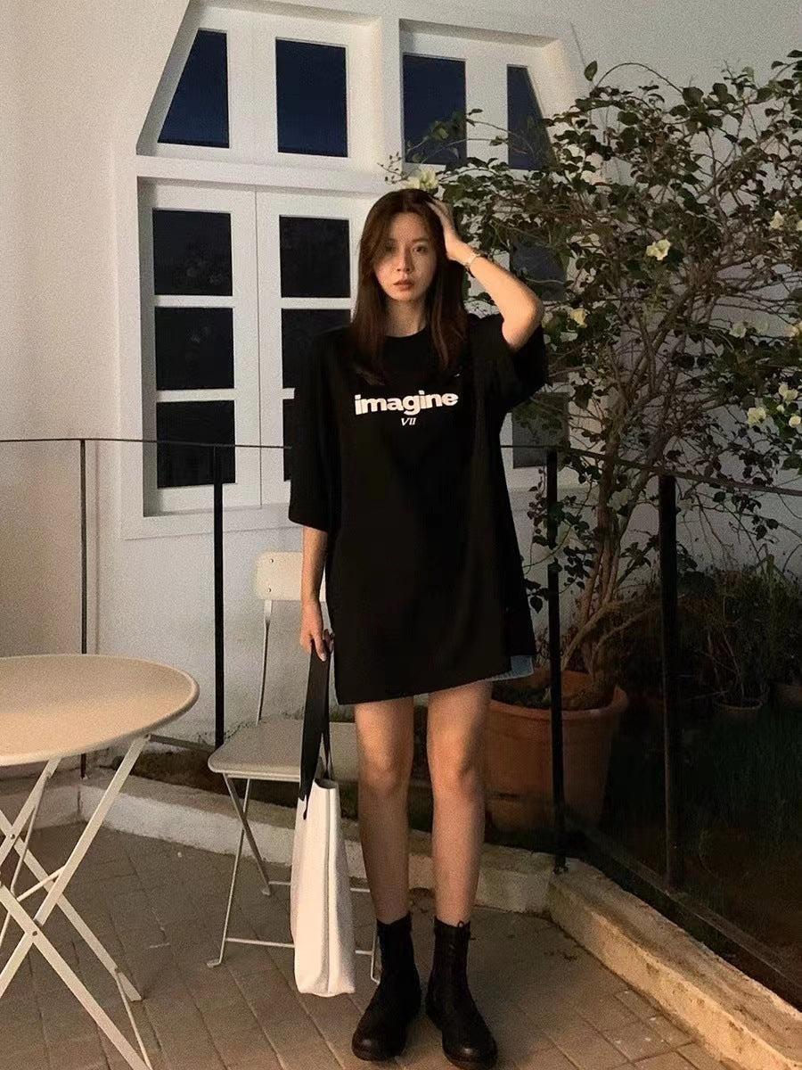 “IMAGINE” Statement Tee – Casual Cool with a Bold Voice Loose Korean Letter T-shirt Top