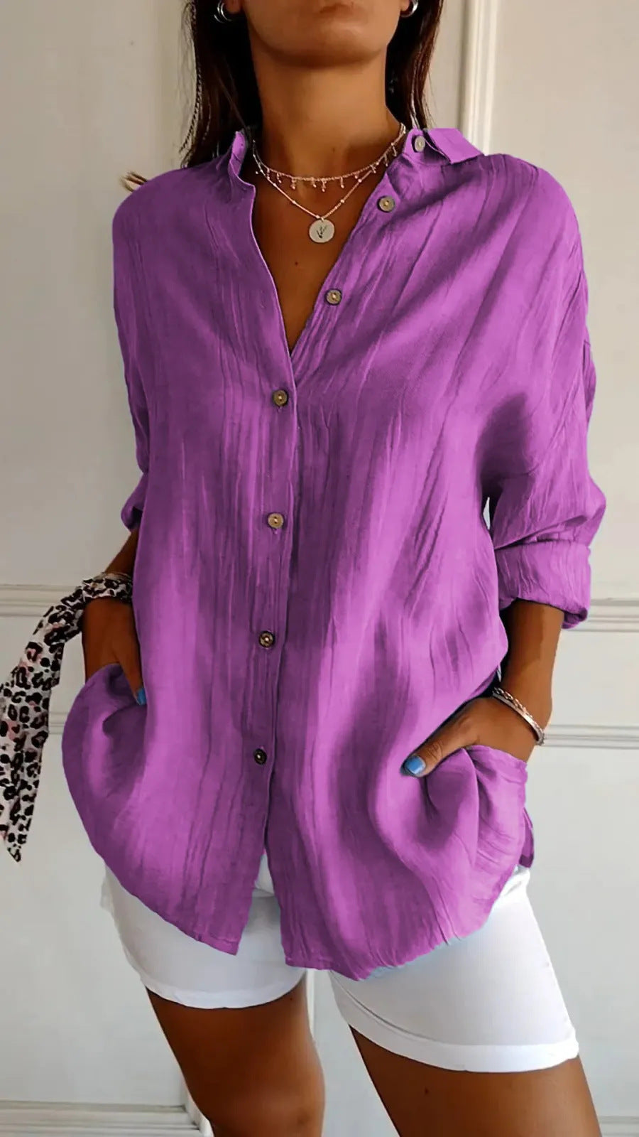 Lapel Long Sleeve Shirt Single-breasted Pleated Shirt For Women's