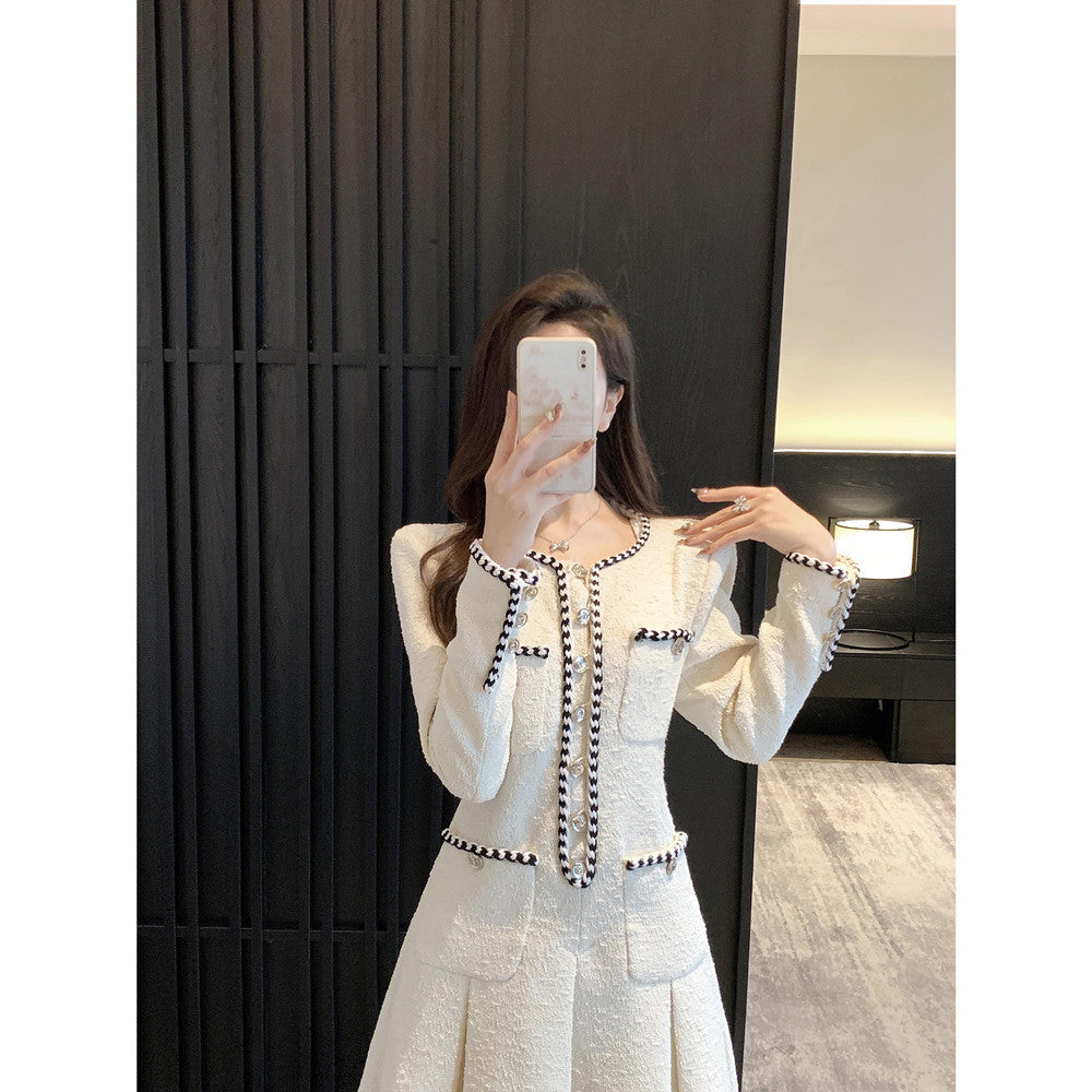 Chic Pleated Skirt Detail Long Sleeve Dress Women's French-style Tweed Dress