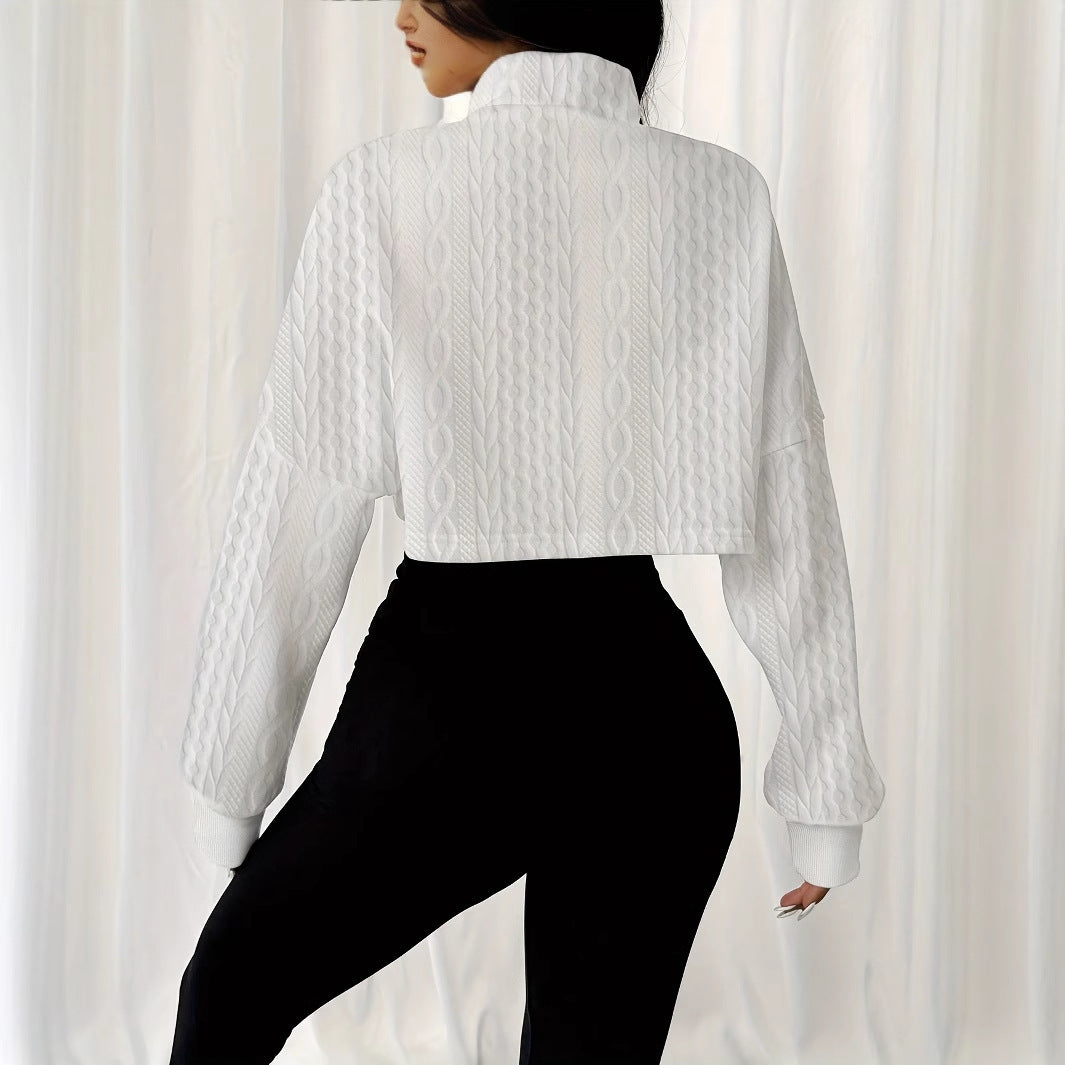 Solid Color Stand Up Collar Front Button Long Sleeved Textured Short Hoodie