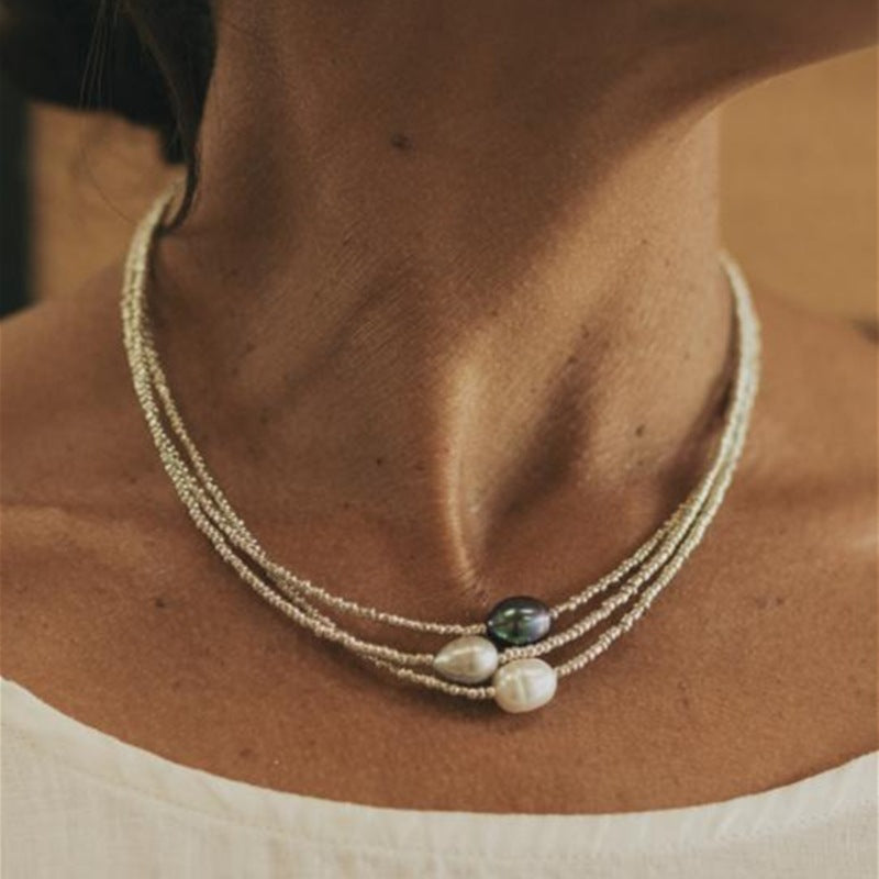 Dainty Multi-Strand Pearl Necklace with Optional Gemstones Artistic Vintage Bead Necklace Natural Freshwater Pearl