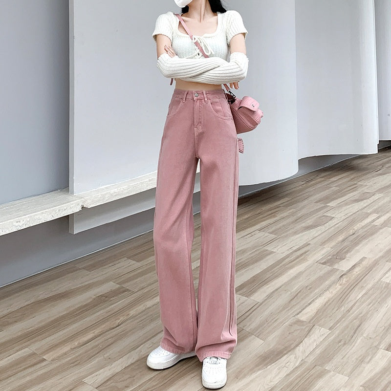 Dirty Pink Wide Leg Denim Women's High Waist Slimming Loose Straight Mop Pants