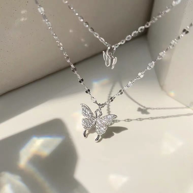 Sparkling Crystal Butterfly Double Chain Necklace Fashion Jewelry Double Butterfly Necklace Gold Plated Butterfly Pendant Engagement Necklaces For Women Animal Jewelry Anniversary Gift