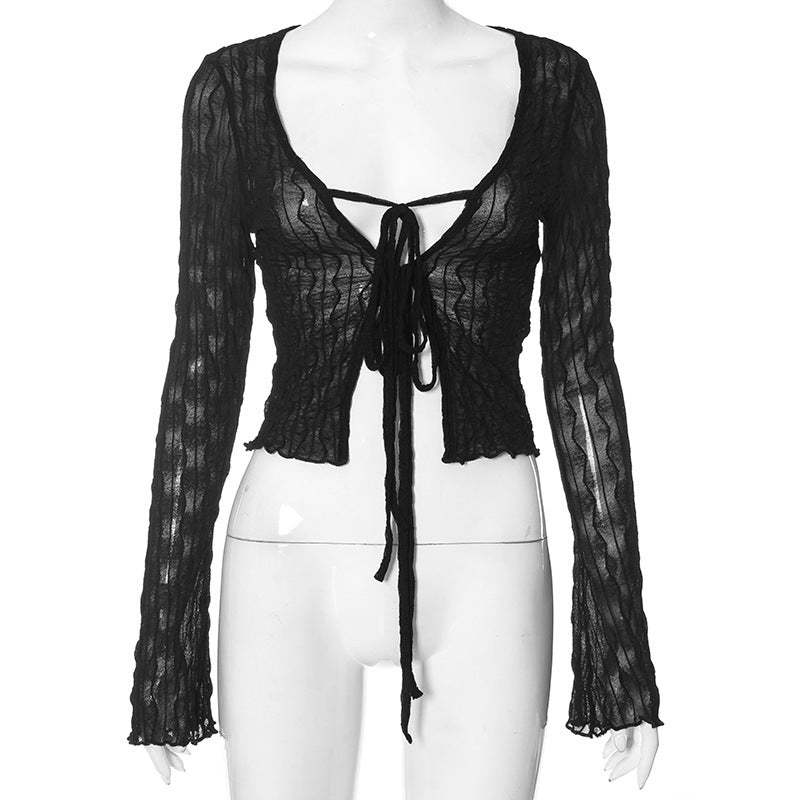 Trendy Sheer Knit Tie Front Crop Top Fashionable Retro Style Mesh Top