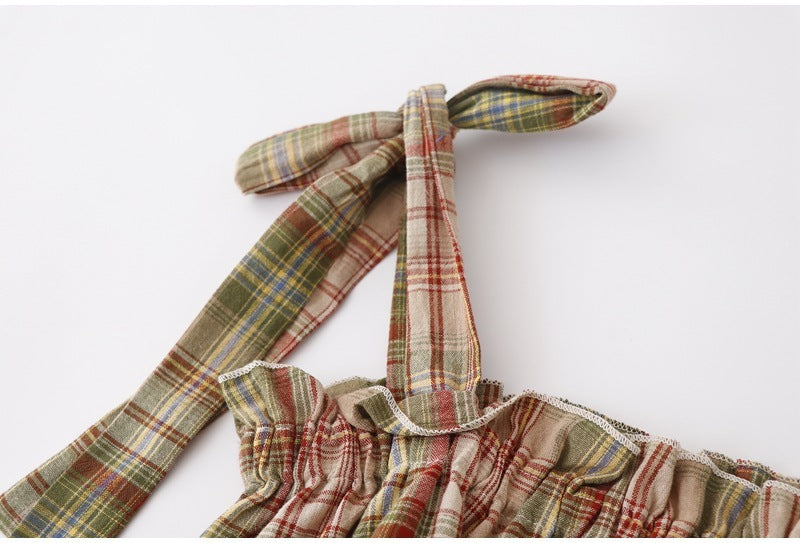 Summer New Mori Girl Bow Tie-neck Plaid Spaghetti-strap Camisole Top For Women's