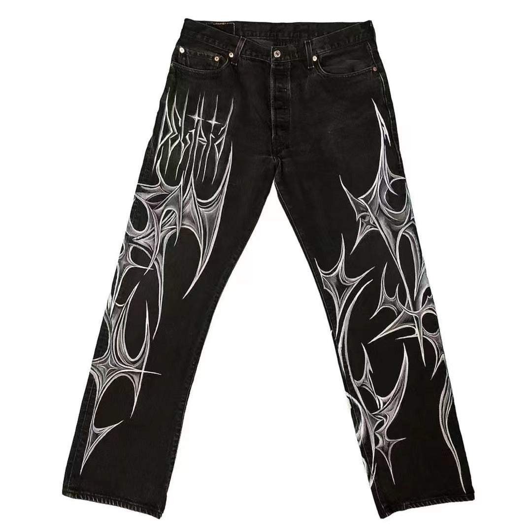 Tribal Flame Graffiti Jeans – Bold Streetwear for Alternative Style Black Jeans That Don't Fade American Street Graffiti Style For Men And Women