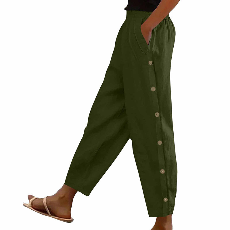 Casual Pants Elastic Waist Side Button Loose Fit Trousers With Pockets Women's