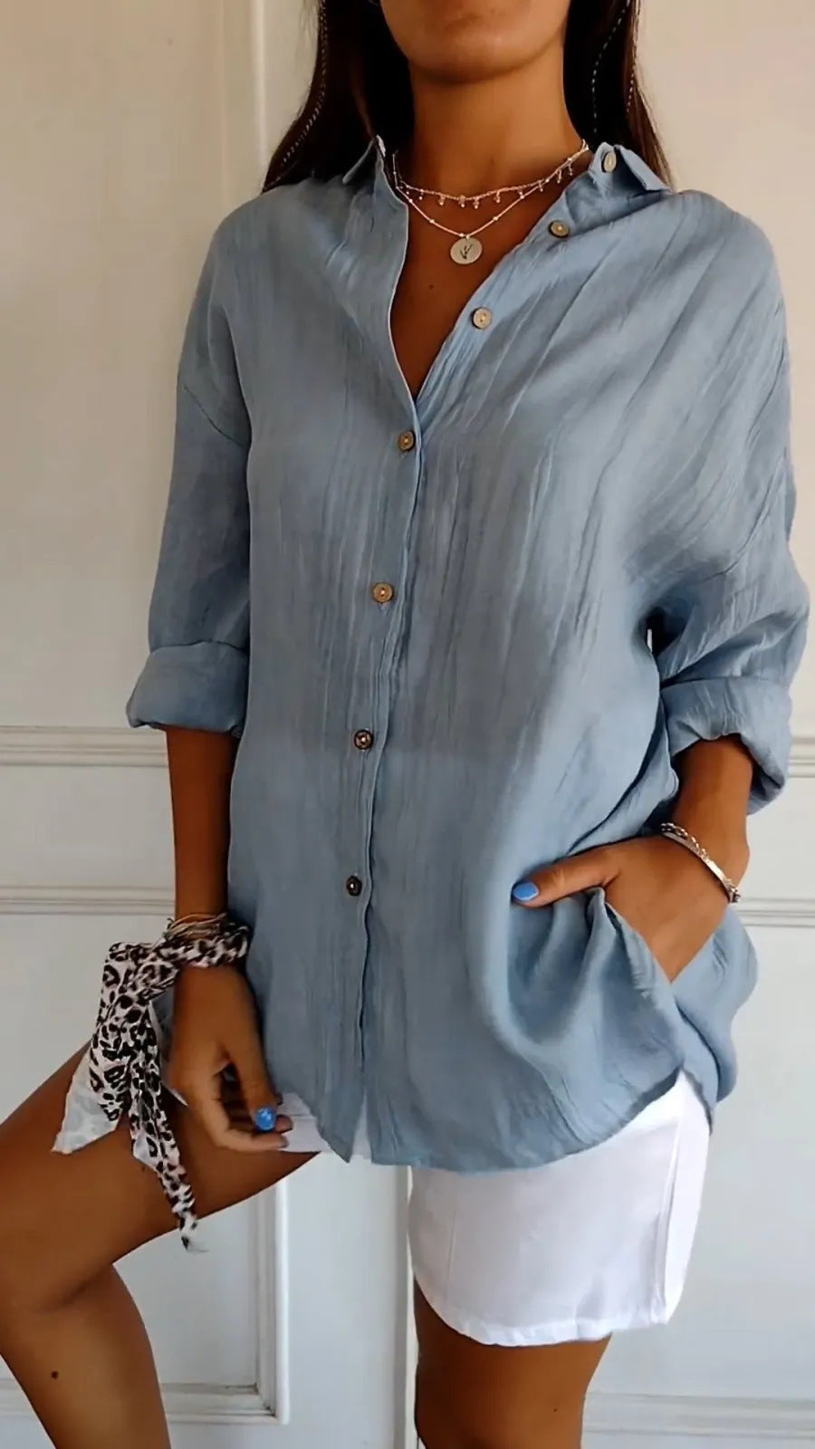 Lapel Long Sleeve Shirt Single-breasted Pleated Shirt For Women's