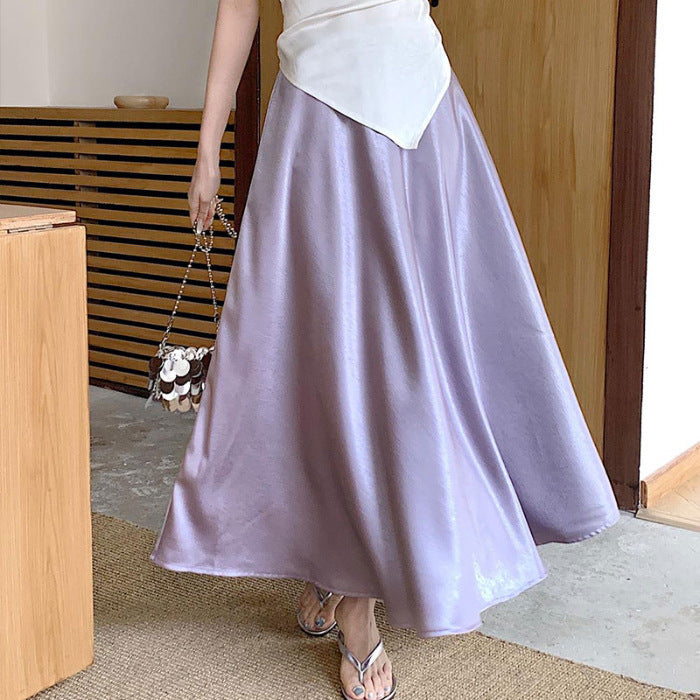 Casual All-match Acetate Satin Draped Solid Skirt
