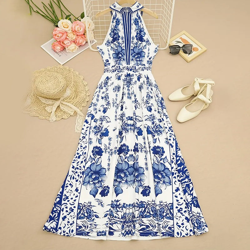 Floral Print Halter Neck Maxi Dress - Tie-Waist A-Line Summer Dress