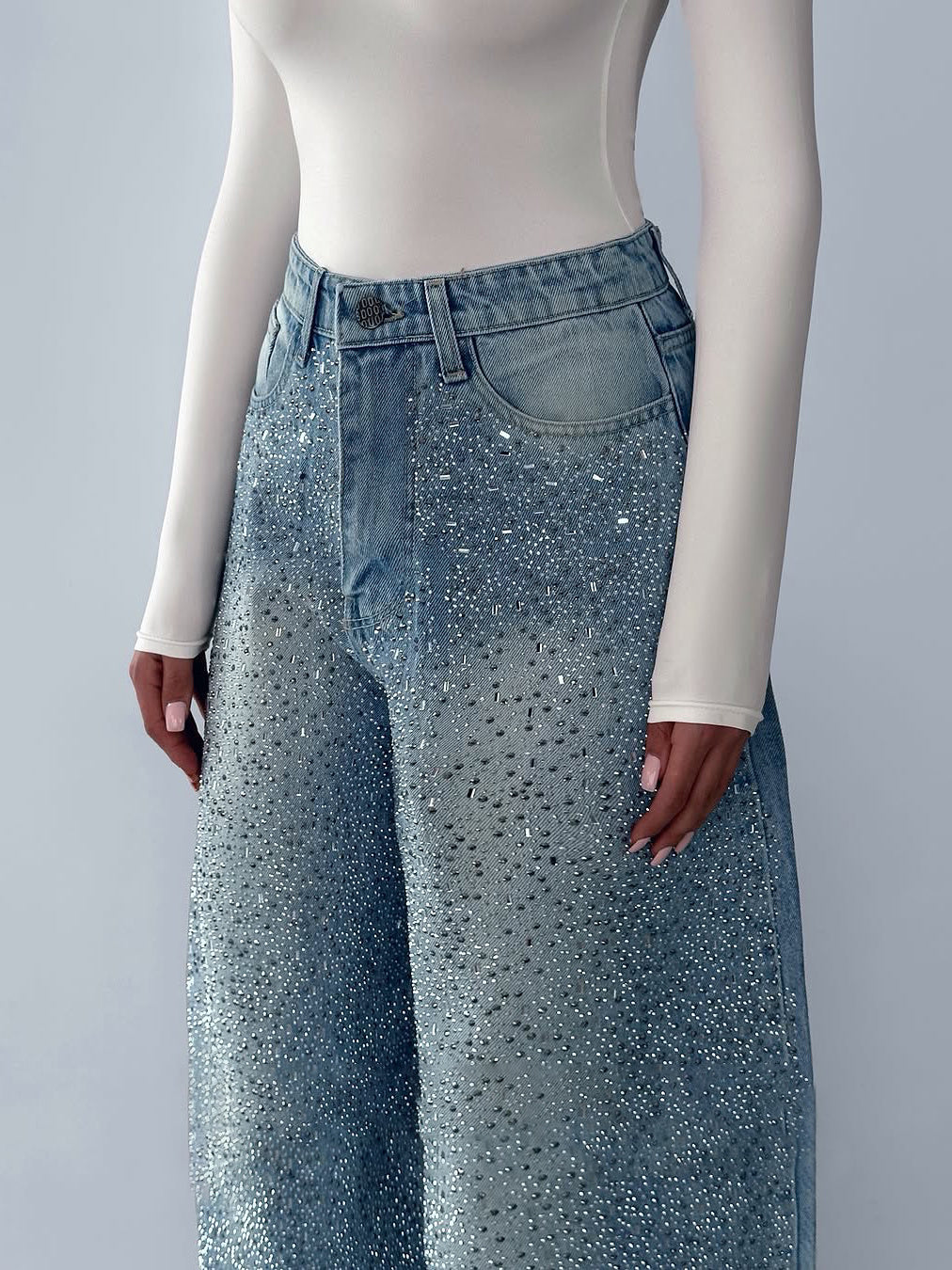 Glamorous Rhinestone Wide Leg Jeans Irregular Rhinestone Jeans