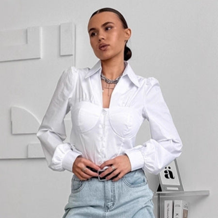 Elegant Lapel Puff Sleeve Shirt Short Top For Women's