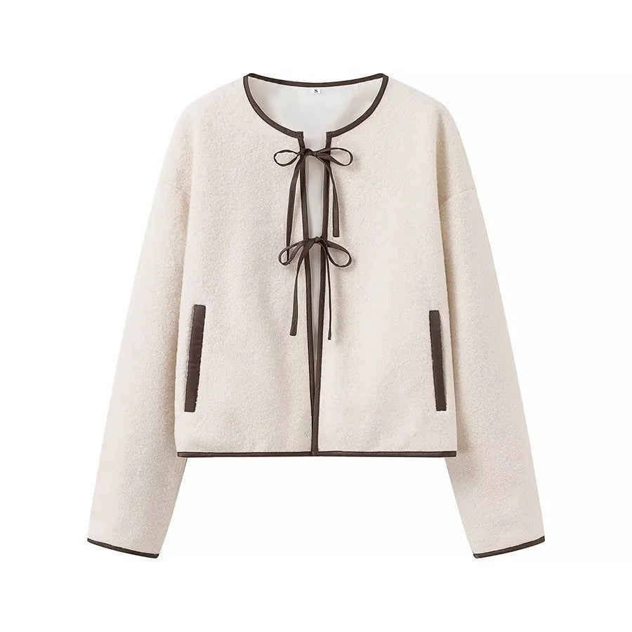 Round Neck Bowknot Tie-front Top For Women