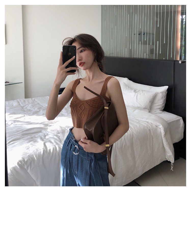 Boho Knit Crop Cami | Trendy Ribbed Bralette Versatile Sleeveless Fried Dough Twists Underlay Korean Top