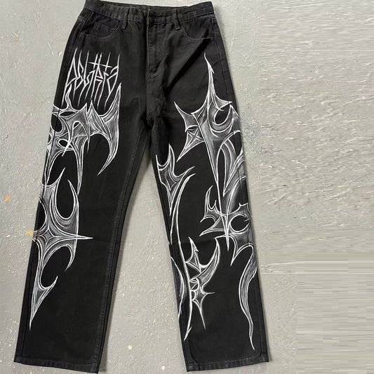 Tribal Flame Graffiti Jeans – Bold Streetwear for Alternative Style Black Jeans That Don't Fade American Street Graffiti Style For Men And Women