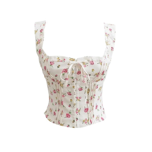 Summer New French Style Girl Sling Vest Lace-up Seaside Holiday Short Hook Top