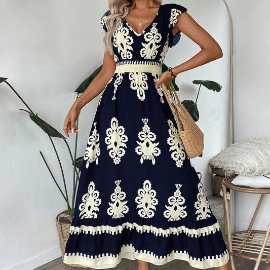 Trim Cap Sleeve Cinched Waist Ruffle Hem A-Line Dress For Women