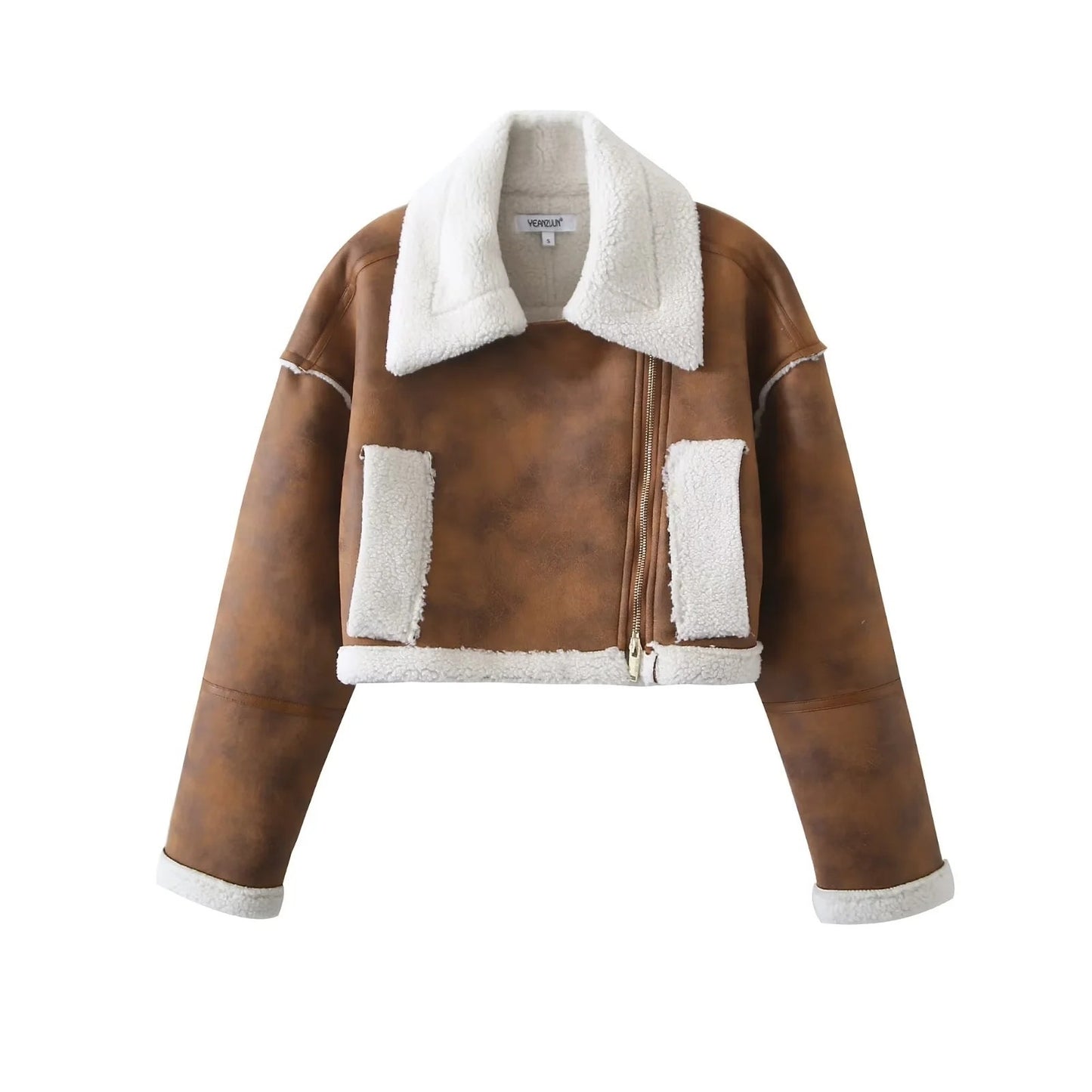 Lapel Loose Short Suede Contrast Color Pocket Side Zipper Lamb Wool Long Sleeve Coat
