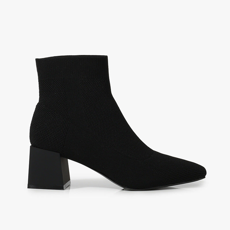 All-match Stretch Knitted High Heel Solid Color Chunky Heel Square Toe Boots Women