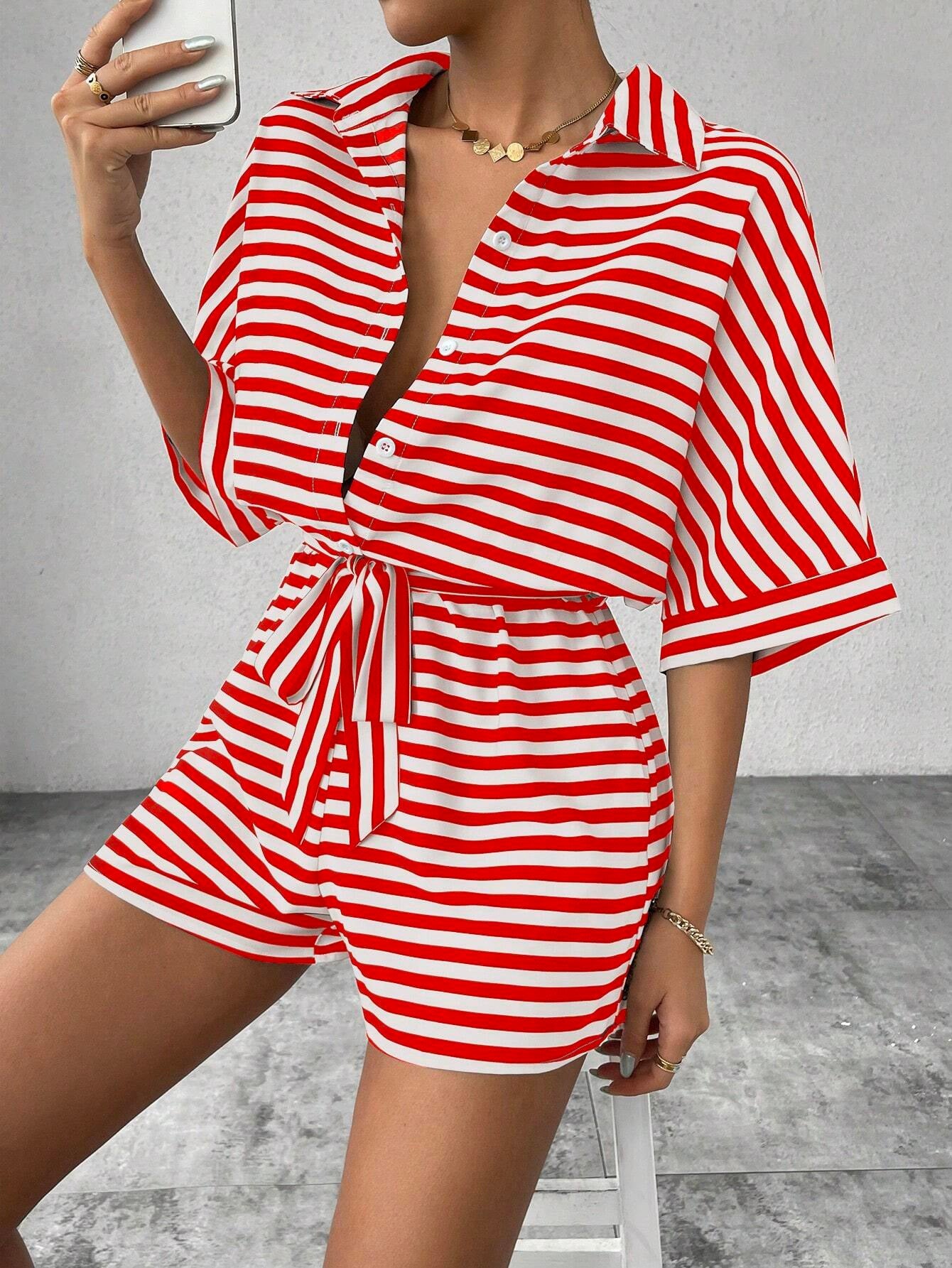 Striped Lapel Cardigan Button Half Sleeve Belt Shorts Suit Jumpsuit For Women's