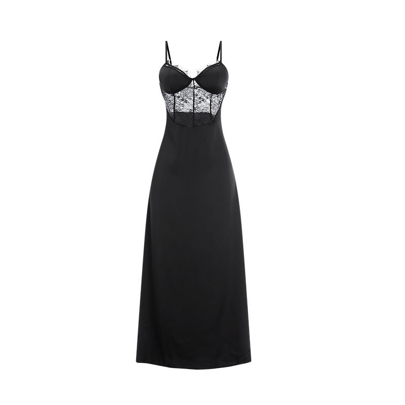 Alluring Black Satin Lace Trim Nightdress | Silky Smooth Slip Women's Satin Stitching Lace Nightdress