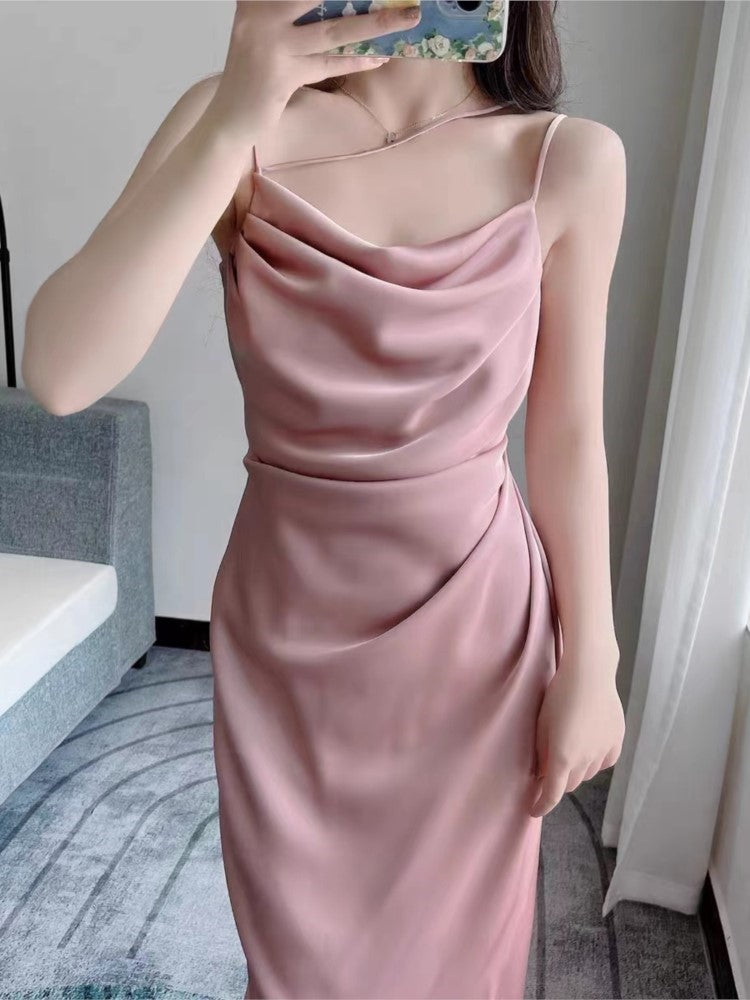 Sophisticated Silky Ruched Side Split Midi Gown Premium Satin Silky Sexy Slit Dress