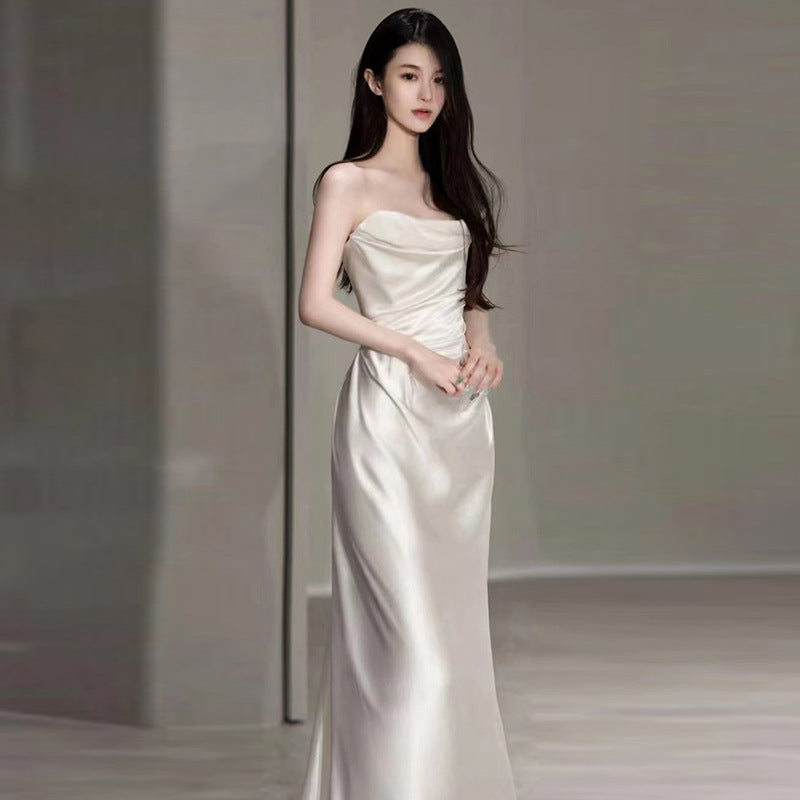 Glamorous Bridesmaid or Wedding Guest Satin Gown Satin Light Wedding Dress French White