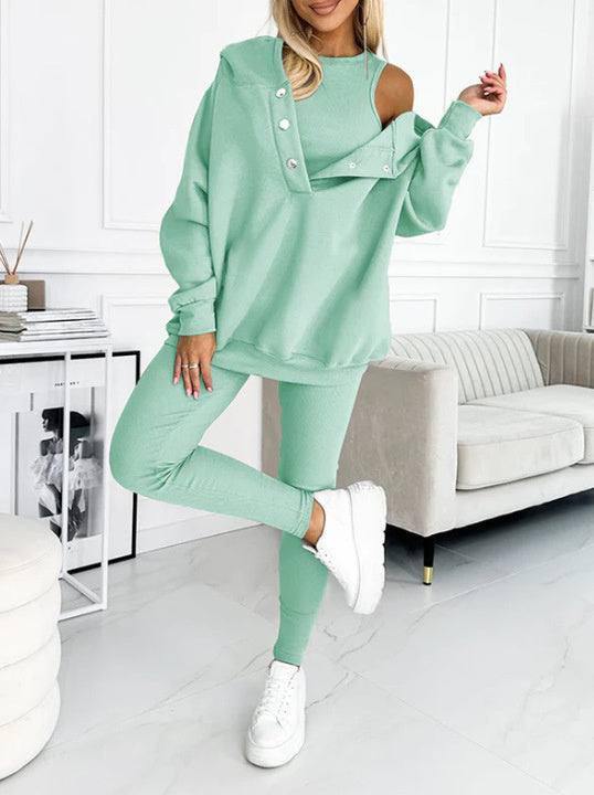 3-Piece Lounge Set – Cozy, Chic & Effortlessly Stylish For Women's Sports Suit Loose Hooded Pockets Sweatshirt And Vest And Slim Trousers