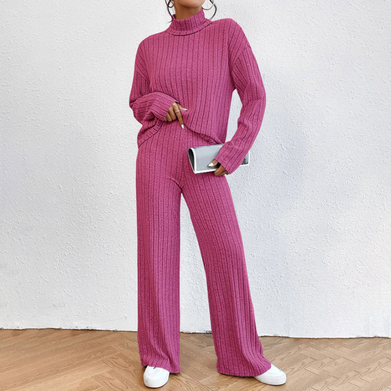 Solid Color 2-Piece Set High Neck Long Sleeve Top & Pants, Striped Loungewear