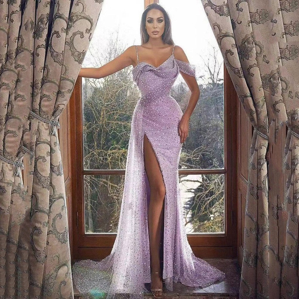 Elegant Lilac Shimmering Draped Evening Gown Irregular Spaghetti-strap Split Dress