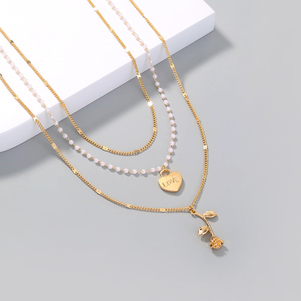 Boho Chic Layered Imitation Pearl & Chain Necklace Personality, creativity, love, roses, lovers, multi-layer necklaces, women