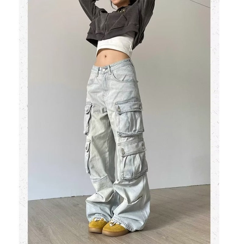 Stone Grey Multi-Pocket Cargo Pants – Utility Meets Streetwear Retro Workwear With Pocket Jeans For Women